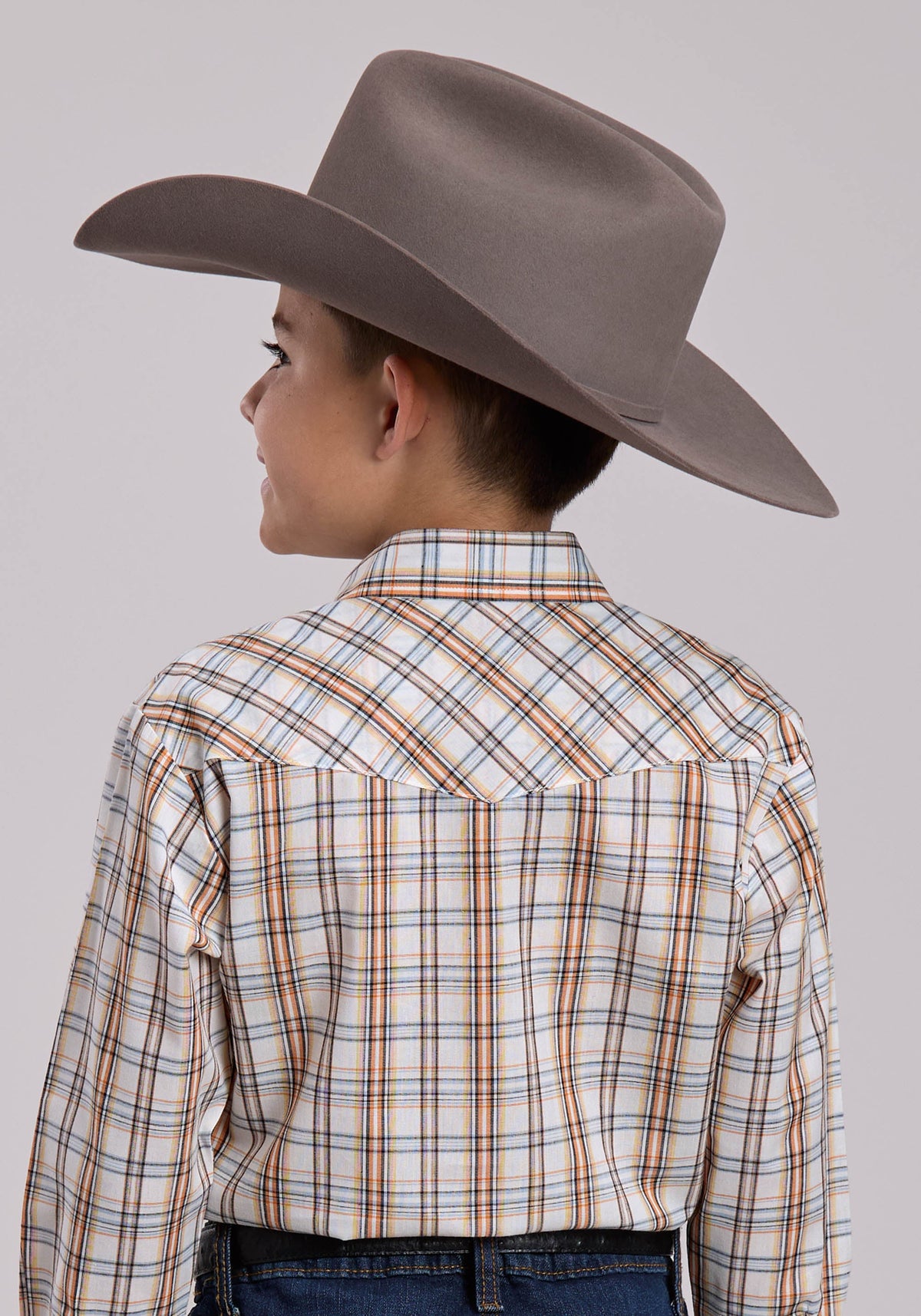Roper Boys Roper Cream  Orange Plaid Long Sleeve Snap Shirt