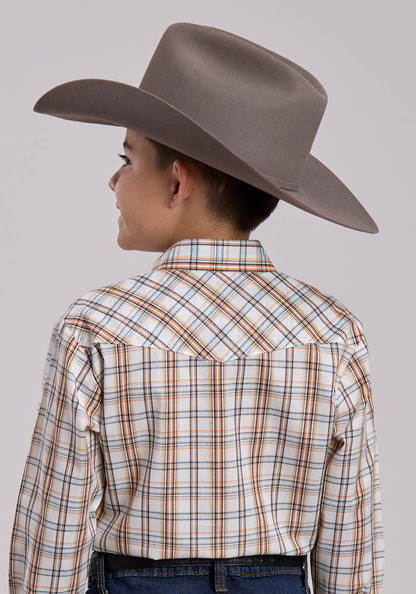 Roper Boys Roper Cream  Orange Plaid Long Sleeve Snap Shirt