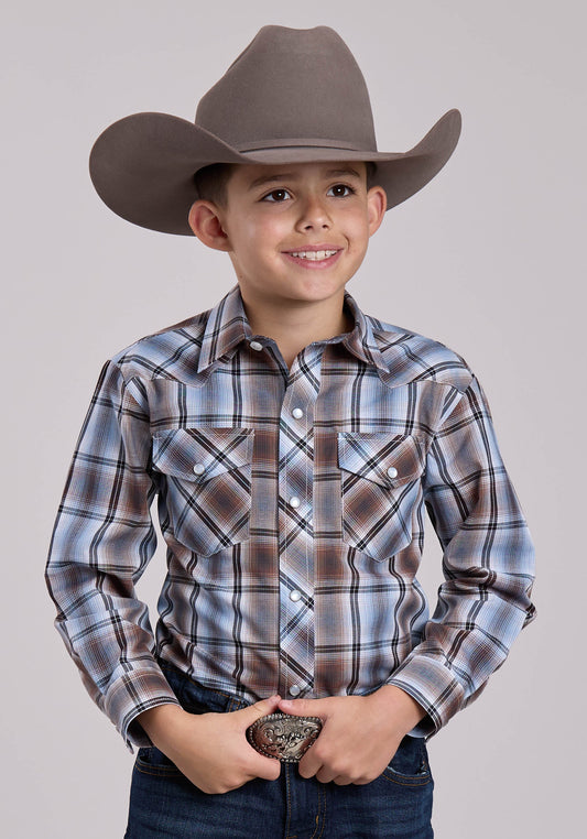 Roper Boys Roper Brown  Blue Plaid Long Sleeve Snap Shirt