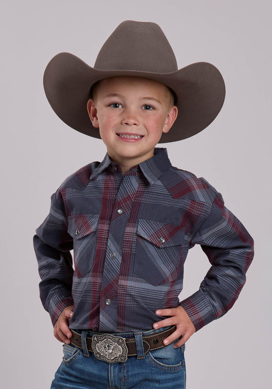 Roper Boys Roper Grey And Wine Plaid Western Snap Shirt