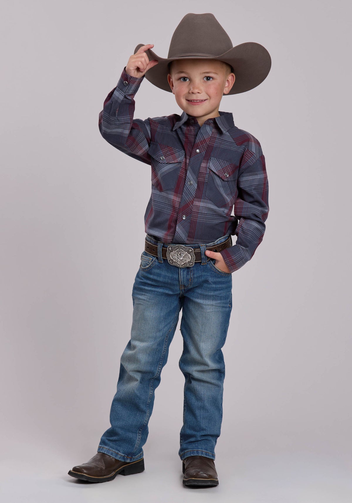 Roper Boys Roper Grey And Wine Plaid Western Snap Shirt