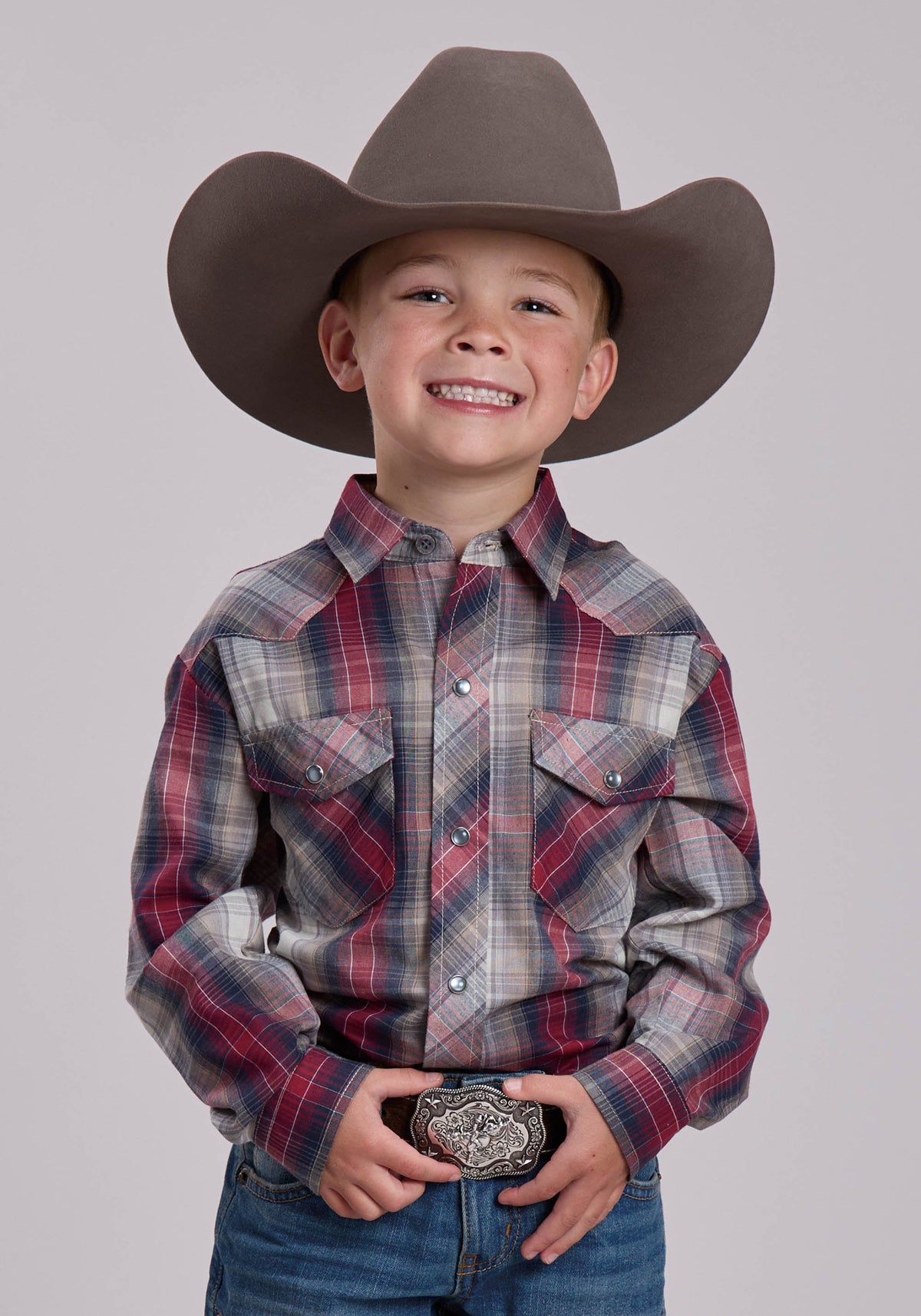 Roper Boys Roper Grey And Tan And Red Plaid Western Snap Shirt
