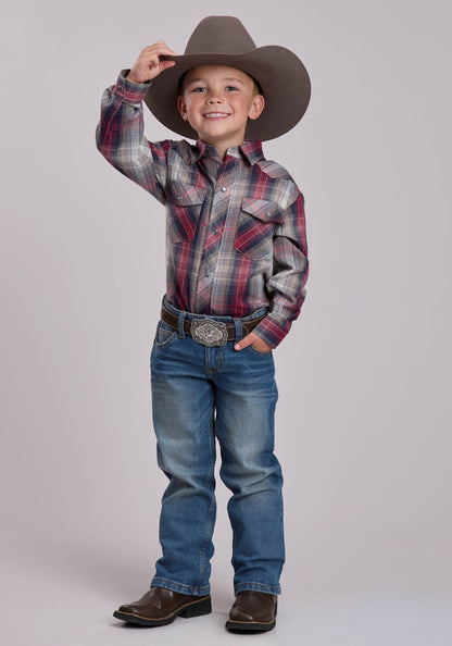 Roper Boys Roper Grey And Tan And Red Plaid Western Snap Shirt