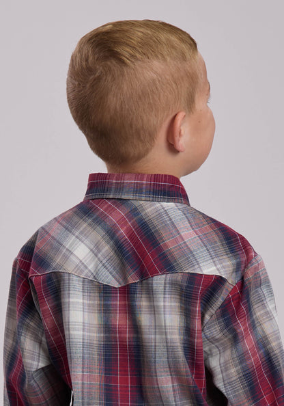 Roper Boys Roper Grey And Tan And Red Plaid Western Snap Shirt