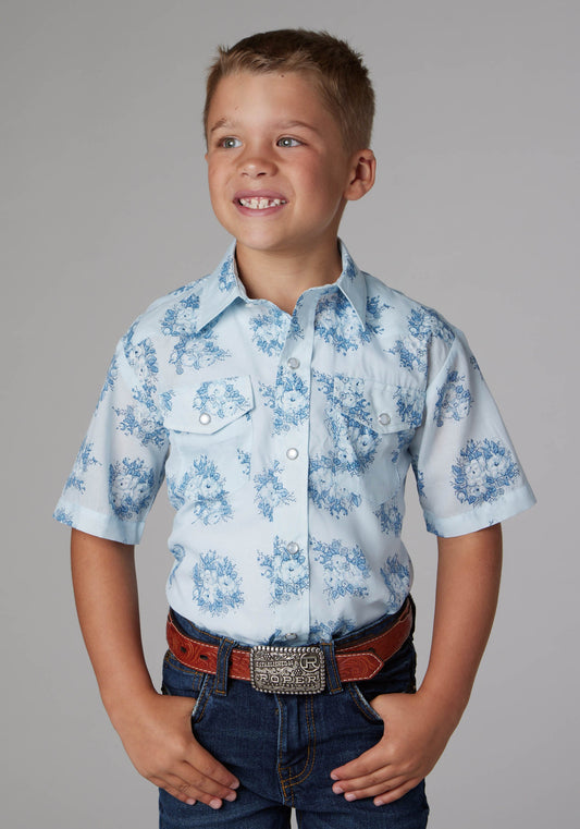 Roper Boys Multi Blue Floral Print Short Sleeve Snap Western Shirt