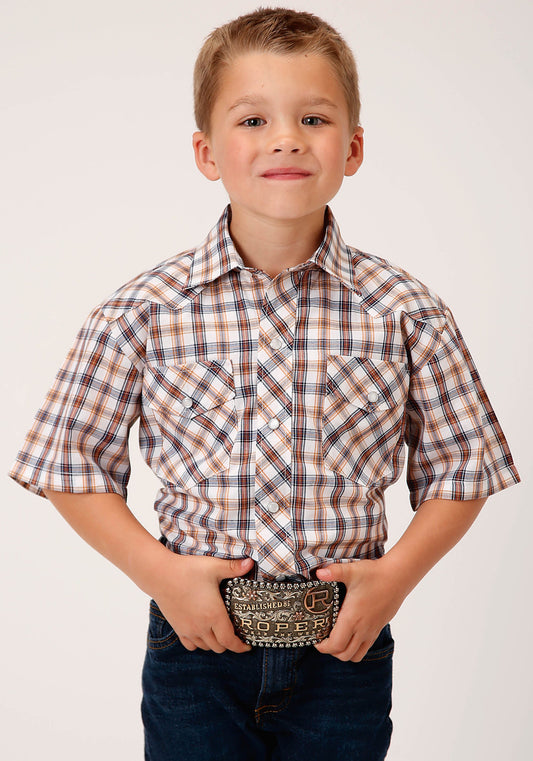 Roper Boys Short Sleeve Snap Navy  Gold  Rust Windowpaind Plaid Western Shirt