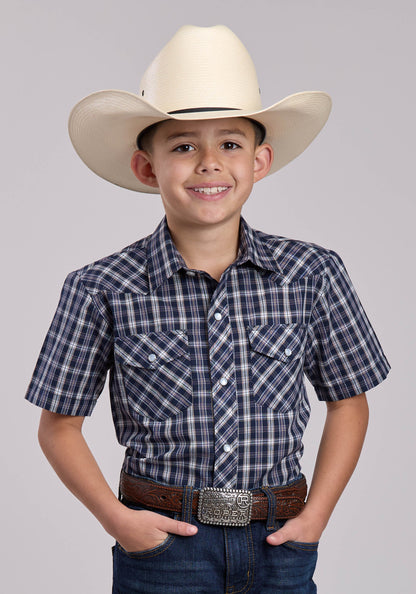 Roper Boys Roper Navy Plaid Short Sleeve Snap Shirt