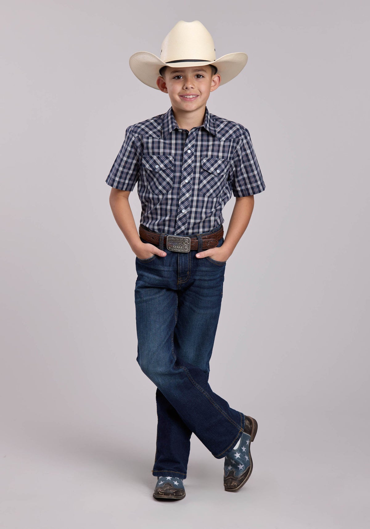 Roper Boys Roper Navy Plaid Short Sleeve Snap Shirt