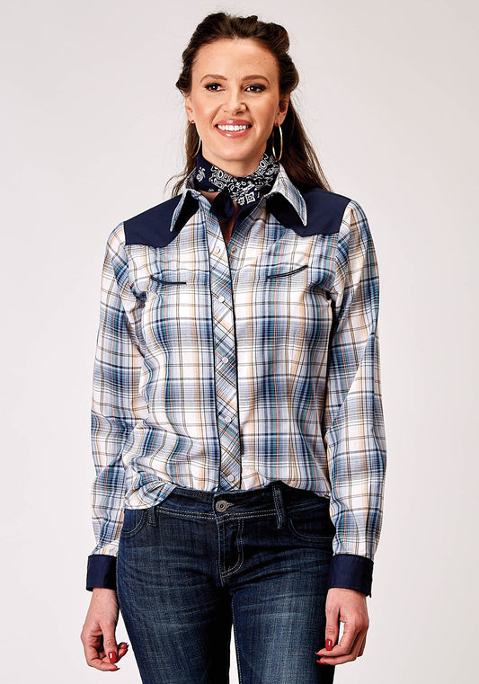 Roper Womens Long Sleeve Snap Madris Plaid Plaid Western Shirt With Piping Solid