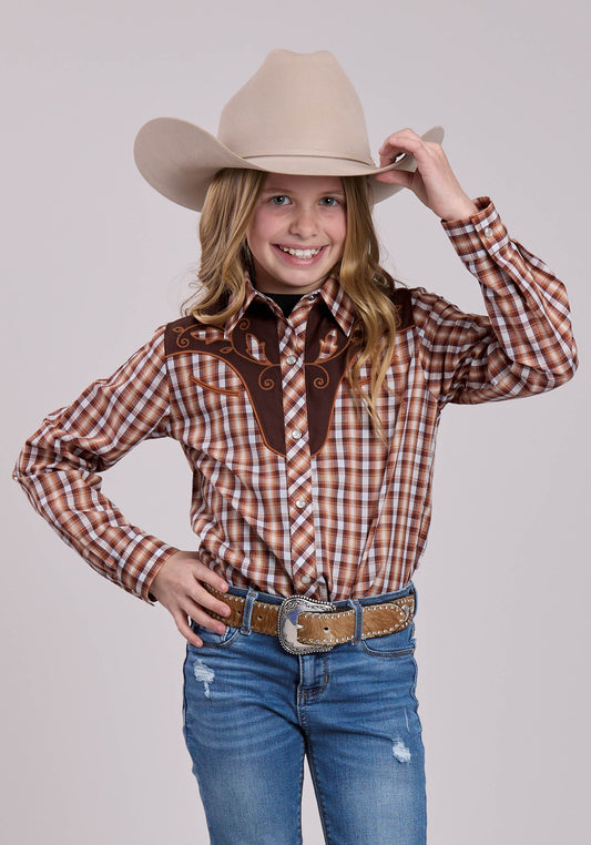 Roper Girls Long Sleeve Snap Brown And Cream Plaid Western Shirt