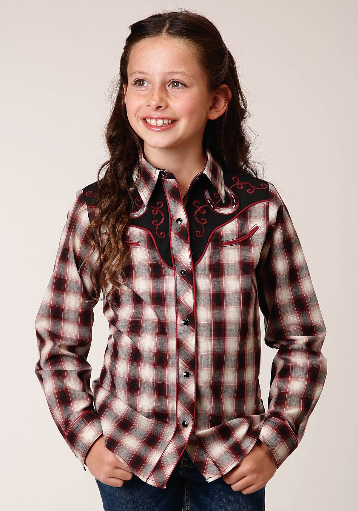 Roper Girls Long Sleeve Snap Wine Black Cream Plaid Western Shirt With Piping And