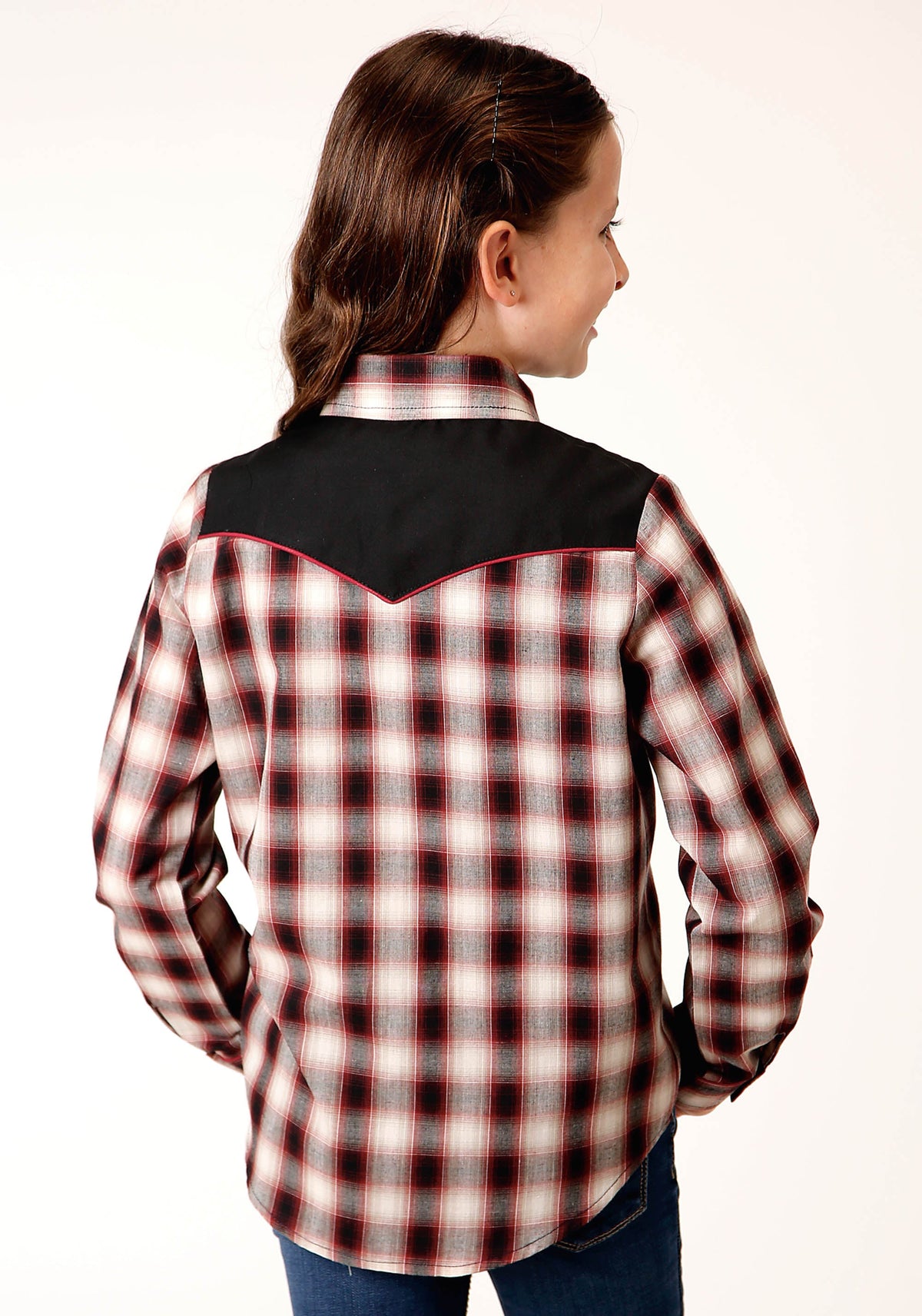Roper Girls Long Sleeve Snap Wine Black Cream Plaid Western Shirt With Piping And