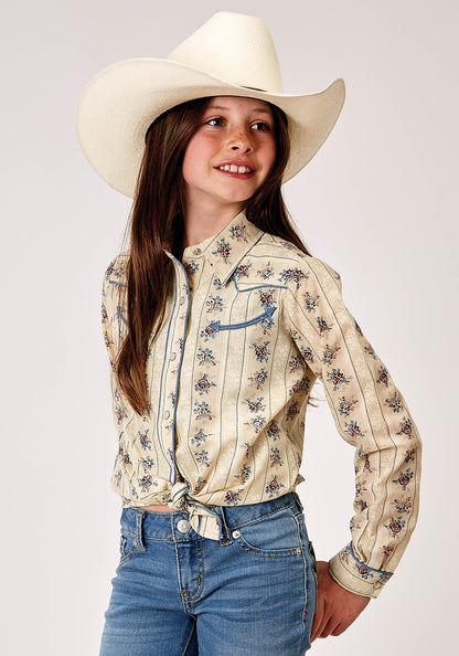 Roper Girls Long Sleeve Snap Floral Stripe Western Shirt With Solid Piping On Fro