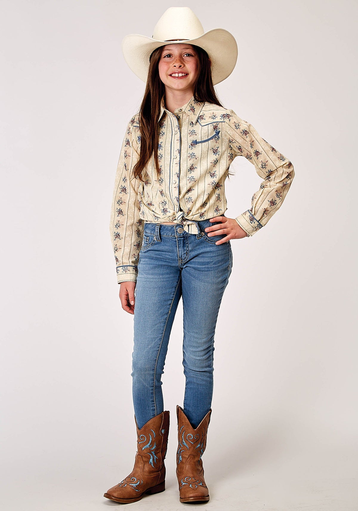 Roper Girls Long Sleeve Snap Floral Stripe Western Shirt With Solid Piping On Fro