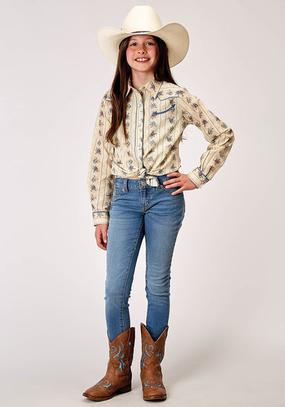 Roper Girls Long Sleeve Snap Floral Stripe Western Shirt With Solid Piping On Fro