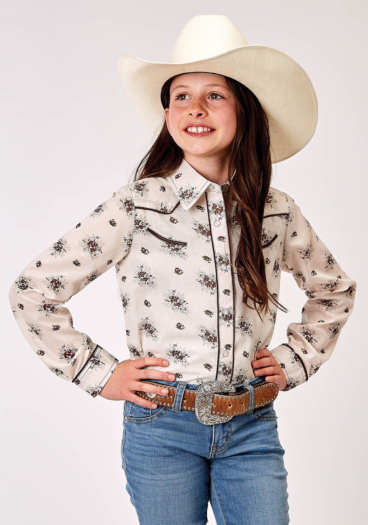 Roper Girls Long Sleeve Snap Vintage Floral Western Shirt With Solid Piping On Fr