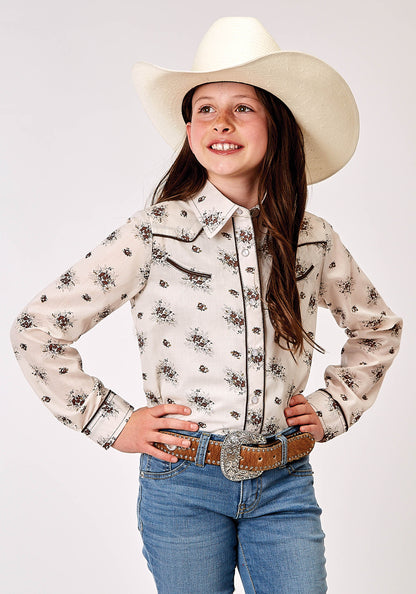 Roper Girls Long Sleeve Snap Vintage Floral Western Shirt With Solid Piping On Fr