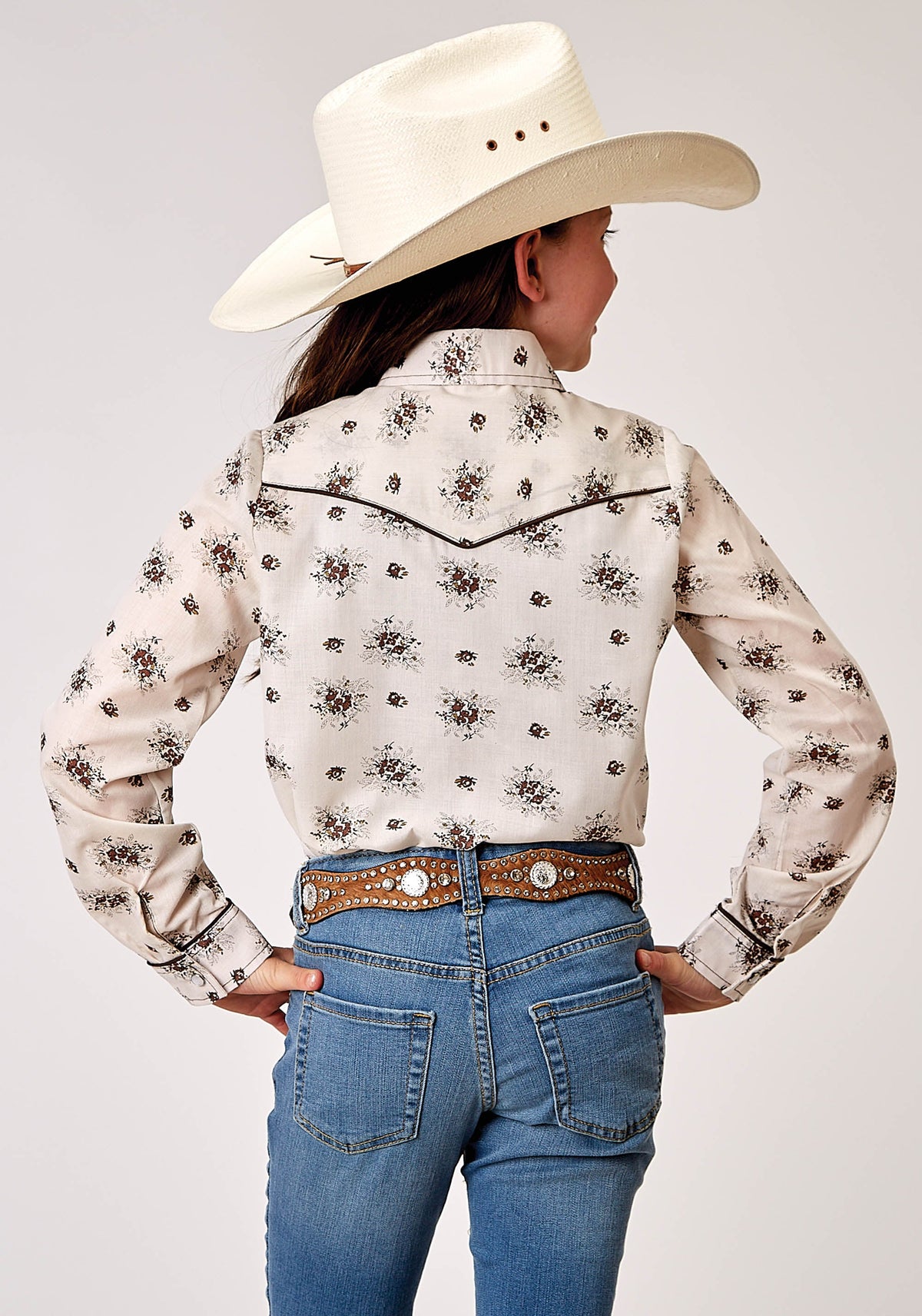 Roper Girls Long Sleeve Snap Vintage Floral Western Shirt With Solid Piping On Fr