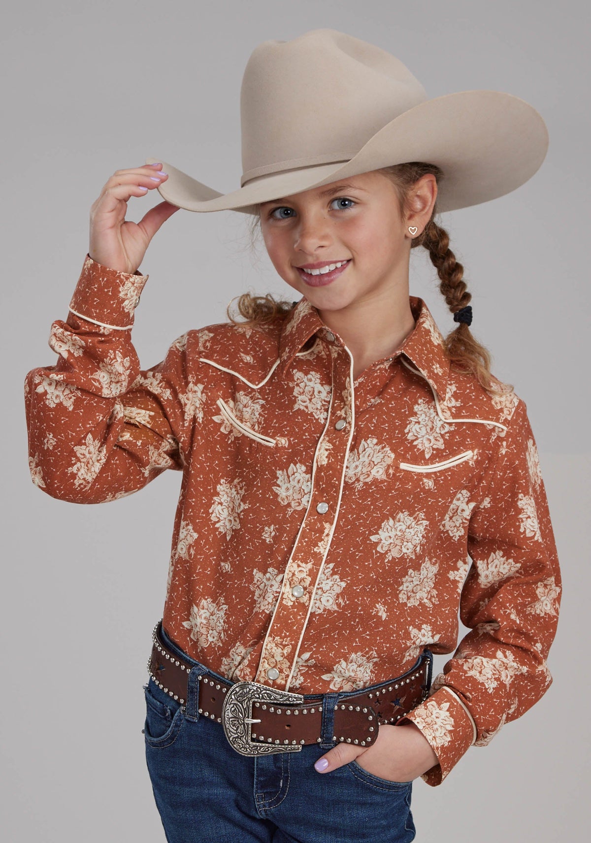 Roper Girls Orange And Cream Floral Print Long Sleeve Snap Western Shirt