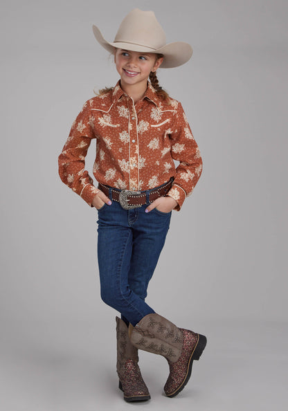 Roper Girls Orange And Cream Floral Print Long Sleeve Snap Western Shirt