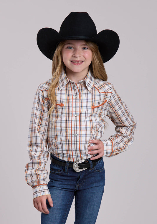 Roper Girls Roper Cream  Orange Plaid Long Sleeve Snap Shirt