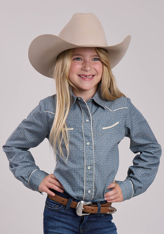Roper Girls Roper Blue  Cream Floral Wallpaper Stripe Long Sleeve Snap Shirt