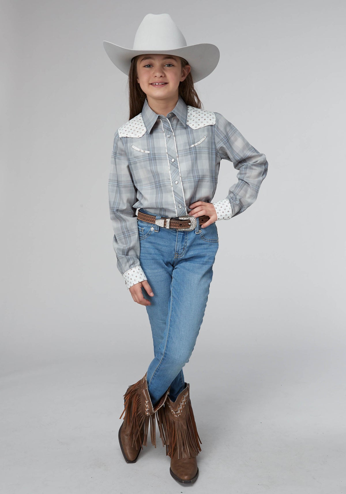 Roper Girls Gray Light Blue Plaid Long Sleeve Snap Western Shirt