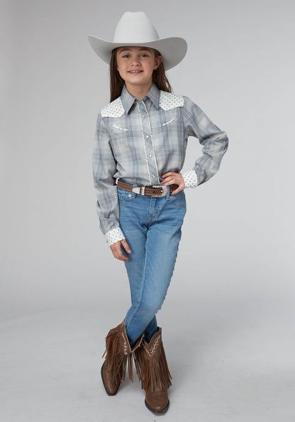 Roper Girls Gray Light Blue Plaid Long Sleeve Snap Western Shirt