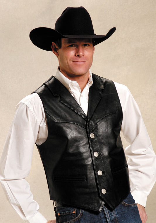 Roper Mens Black Leather Notch Collar Vest