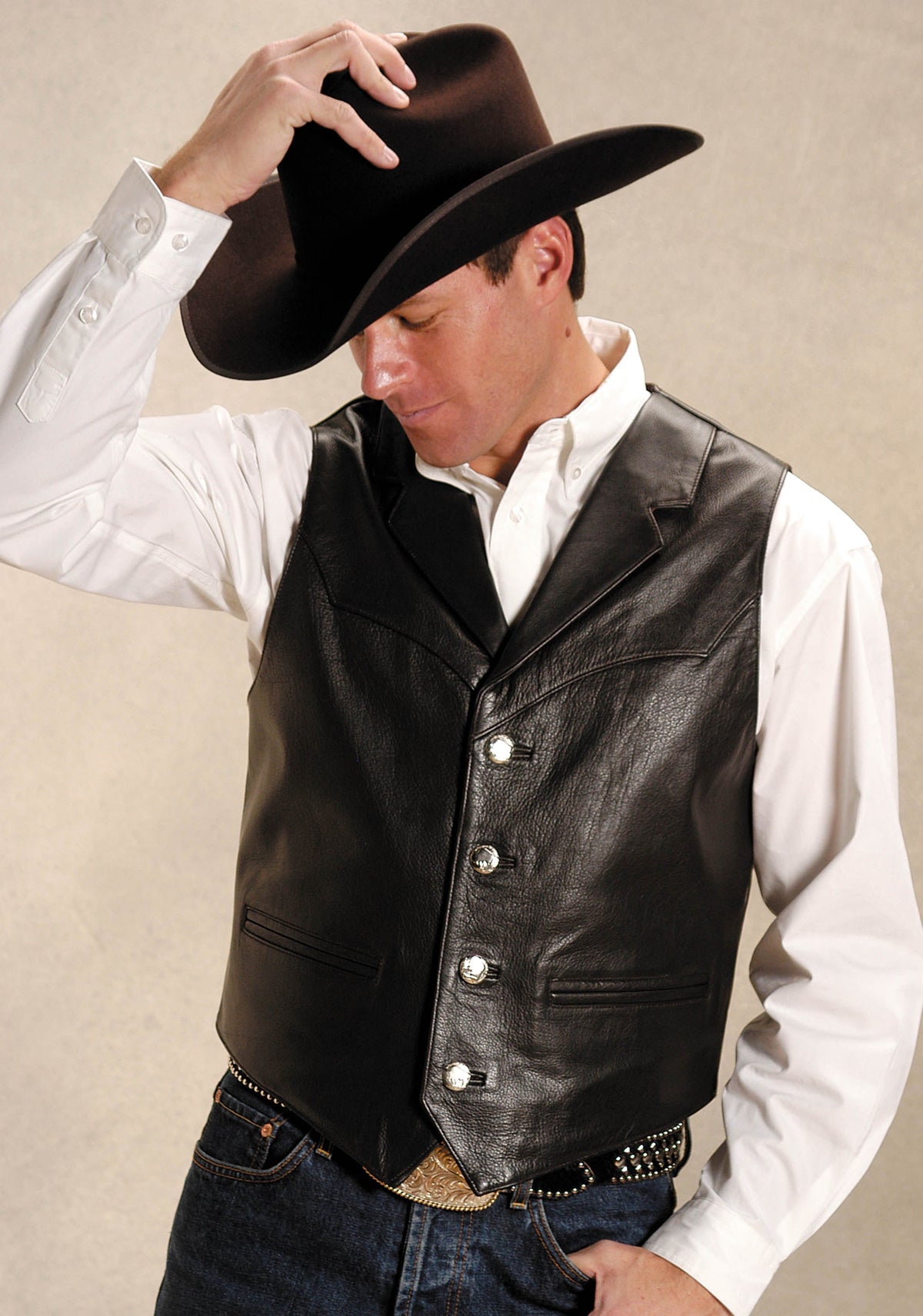 Roper Mens Brown Leather Notch Collar Vest