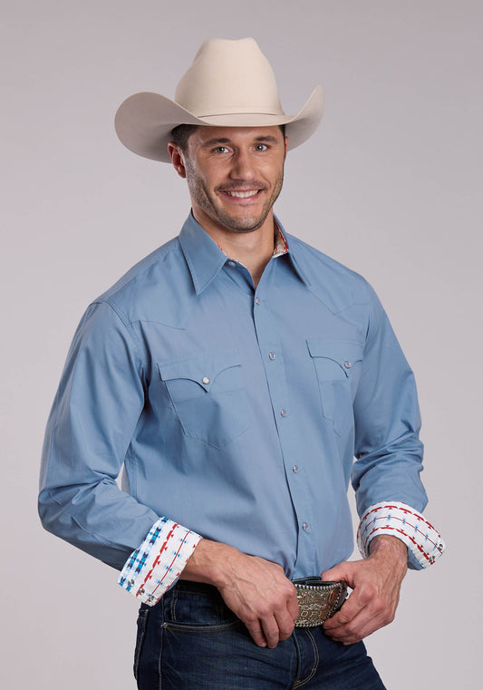 Roper Mens Roper Solid Poplin Chambray Blue Long Sleeve Snap Shirt