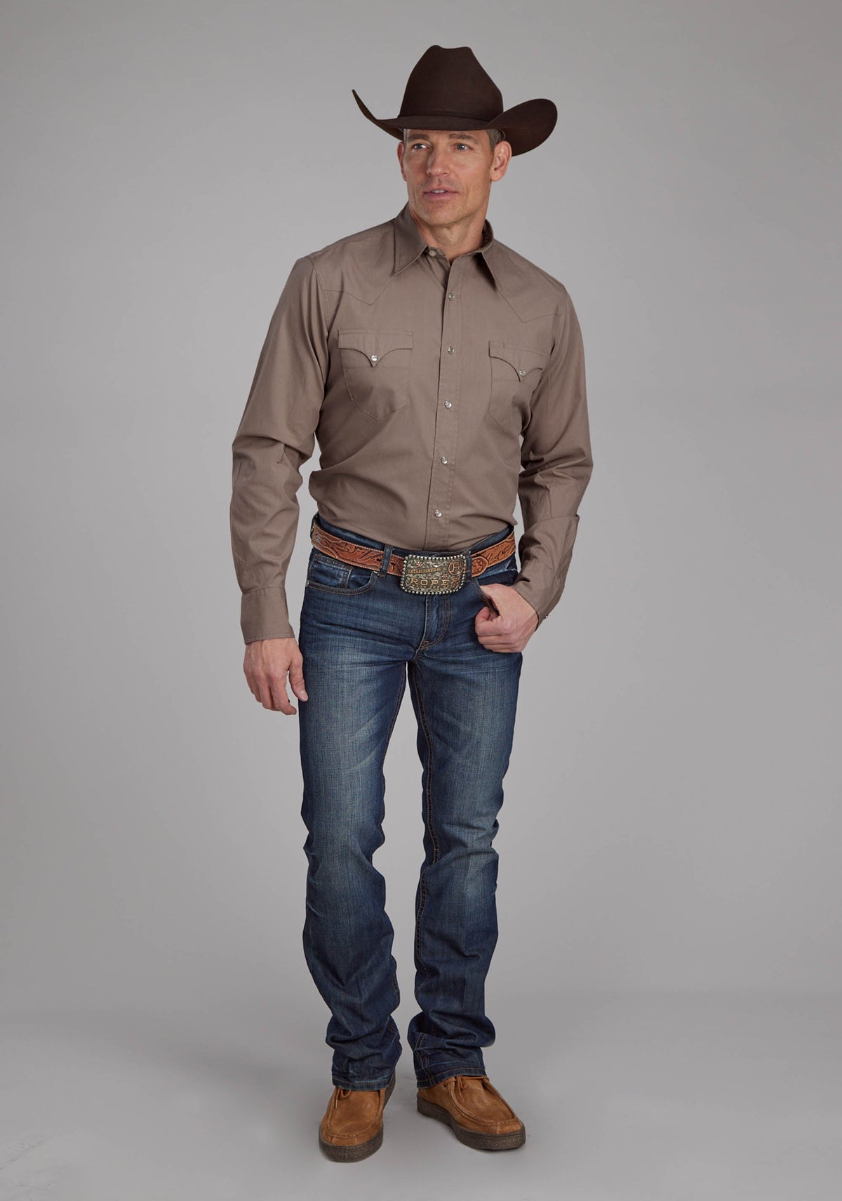 Roper Mens Solid Poplin - Stone Long Sleeve Snap Western Shirt
