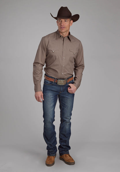 Roper Mens Solid Poplin - Stone Long Sleeve Snap Western Shirt