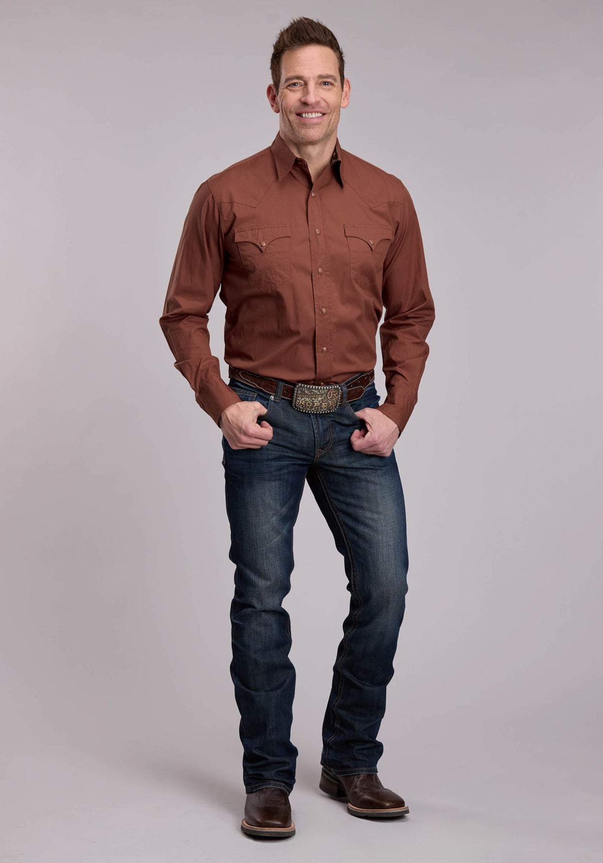 Roper Mens Roper Solid Sienna Brown Western Snap Shirt