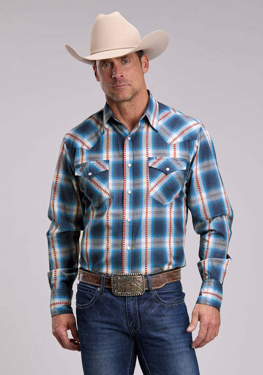 Roper Mens Roper Star Dobby Plaid Long Sleeve Snap Shirt