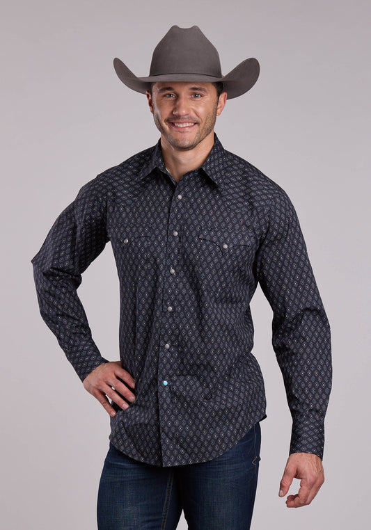 Roper Mens Roper Gray  Turquoise Aztec Print Long Sleeve Snap Shirt