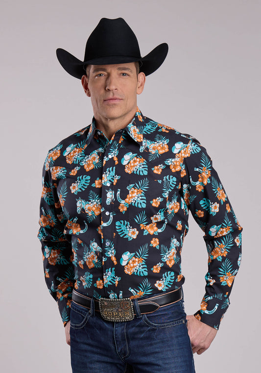 Roper Mens Roper Hawaiian Print Long Sleeve Snap Shirt