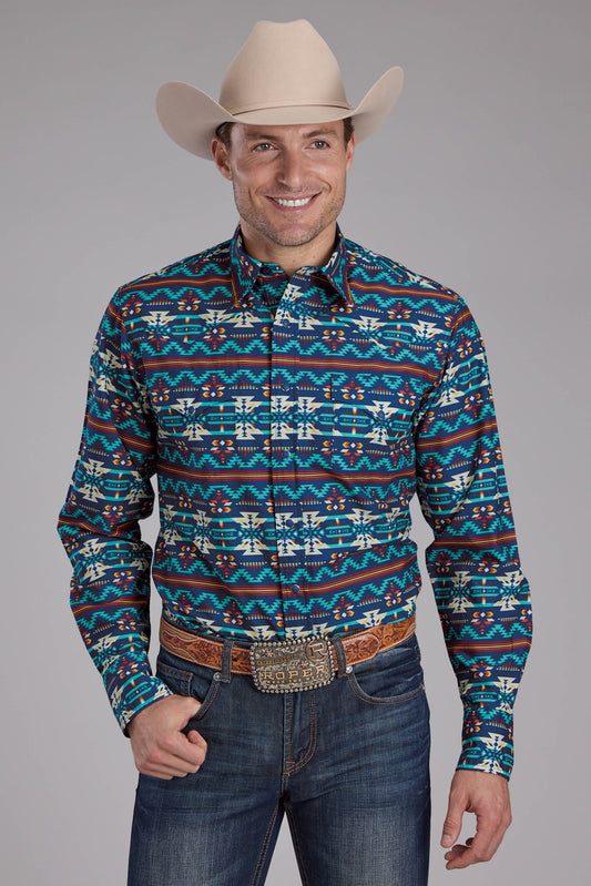 Roper Mens Roper Horizontal Navajo Aztec Print Long Sleeve Snap Shirt