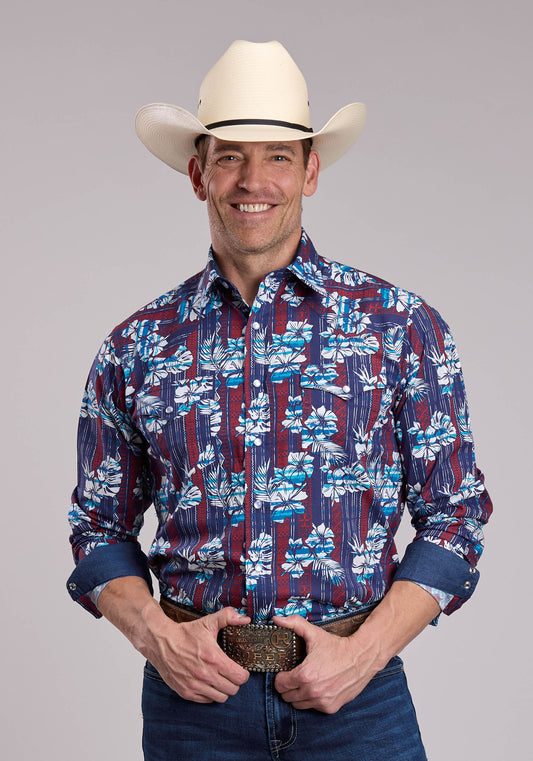 Roper Mens Roper Distressed Tropical Aztec Print Long Sleeve Snap Shirt