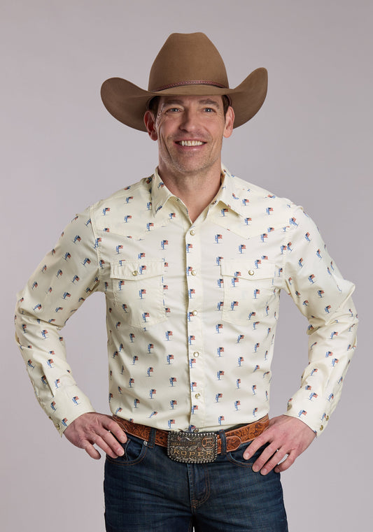 Roper Mens Roper Cactus Flag Shirt Long Sleeve Snap Shirt