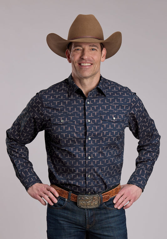 Roper Mens Roper Longhorn Print Long Sleeve Snap Shirt