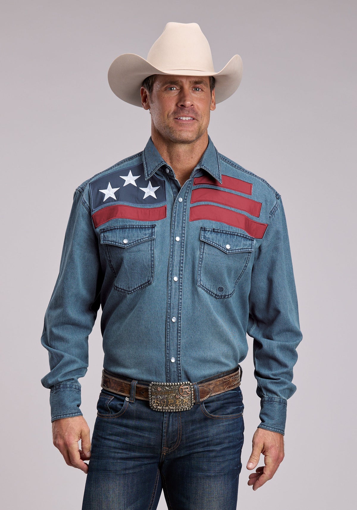 Roper Mens Roper Medium Blue Denim Long Sleeve Snap Shirt