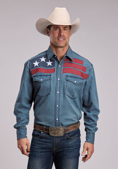 Roper Mens Roper Medium Blue Denim Long Sleeve Snap Shirt