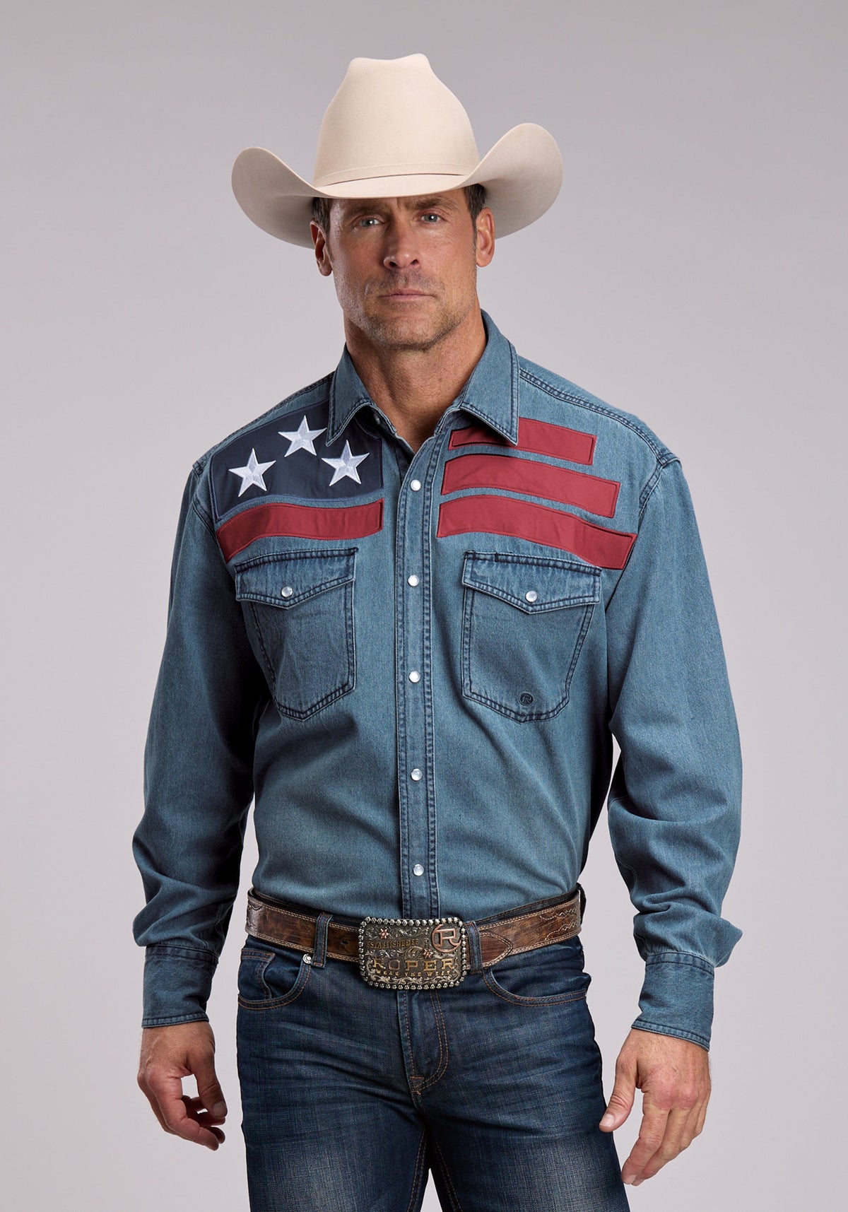 Roper Mens Roper Medium Blue Denim Long Sleeve Snap Shirt