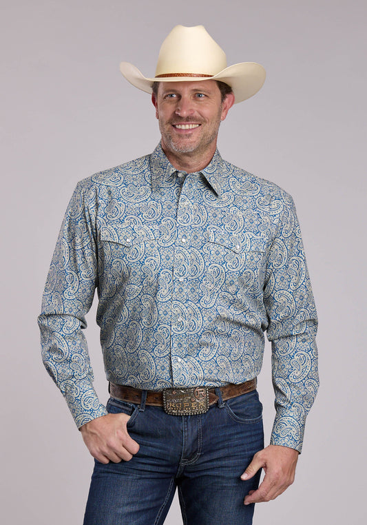 Roper Mens Roper Blue Line Paisley Long Sleeve Snap Shirt