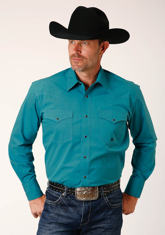 Roper Mens Long Sleeve Snap Black Fill Solid  Teal Western Shirt