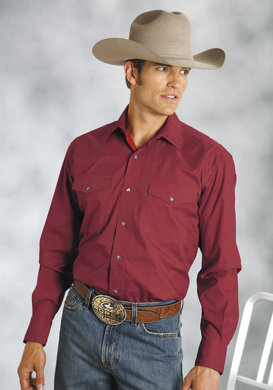 Roper Mens Red Solid Long Sleeve Western Snap Shirt