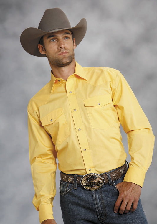 Roper Mens Yellow Solid Long Sleeve Western Snap Shirt