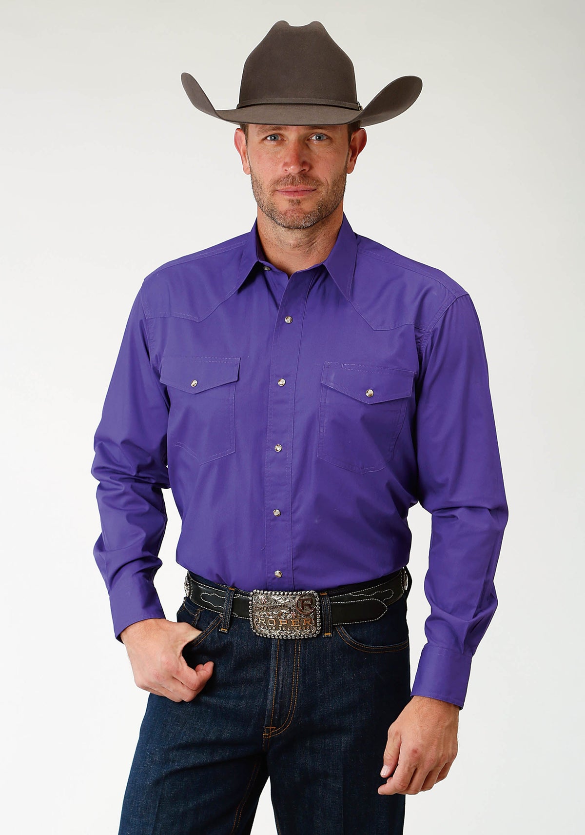 Roper Mens Purple Solid Long Sleeve Western Snap Shirt