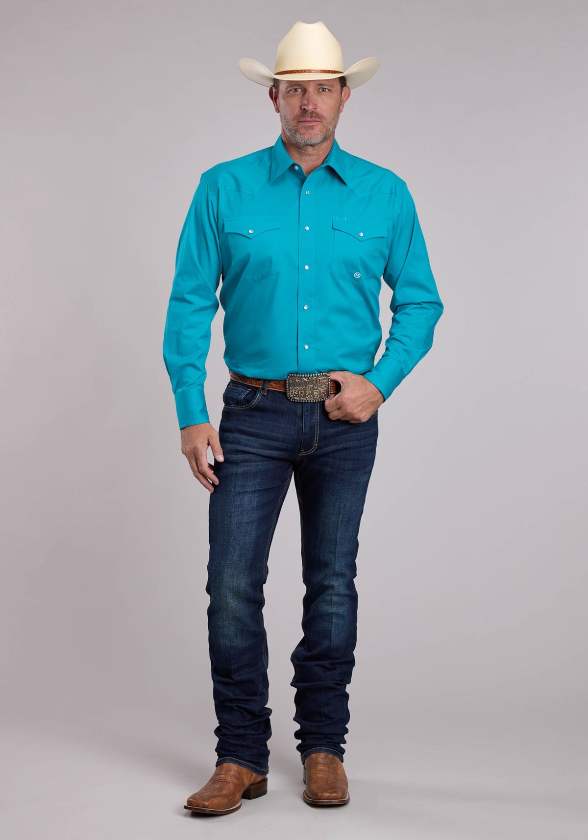 Roper Mens Roper Solid Turquoise Stretch Poplin Long Sleeve Snap Shirt